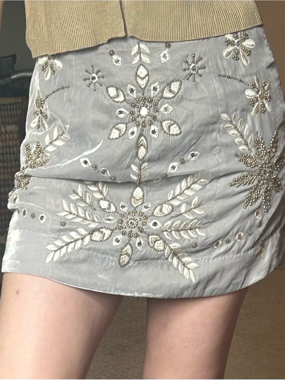 Free People Silver Beaded Embellished Mini Skirt